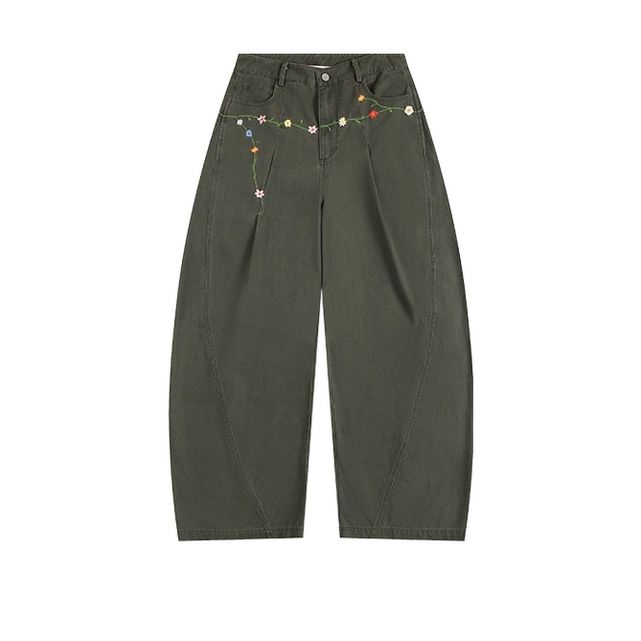 EWomen's floral embroidery cargo pants olive green wide leg | Washed cotton fabric with colorful beadwork on pockets | Bohemian streetwear fashion pants