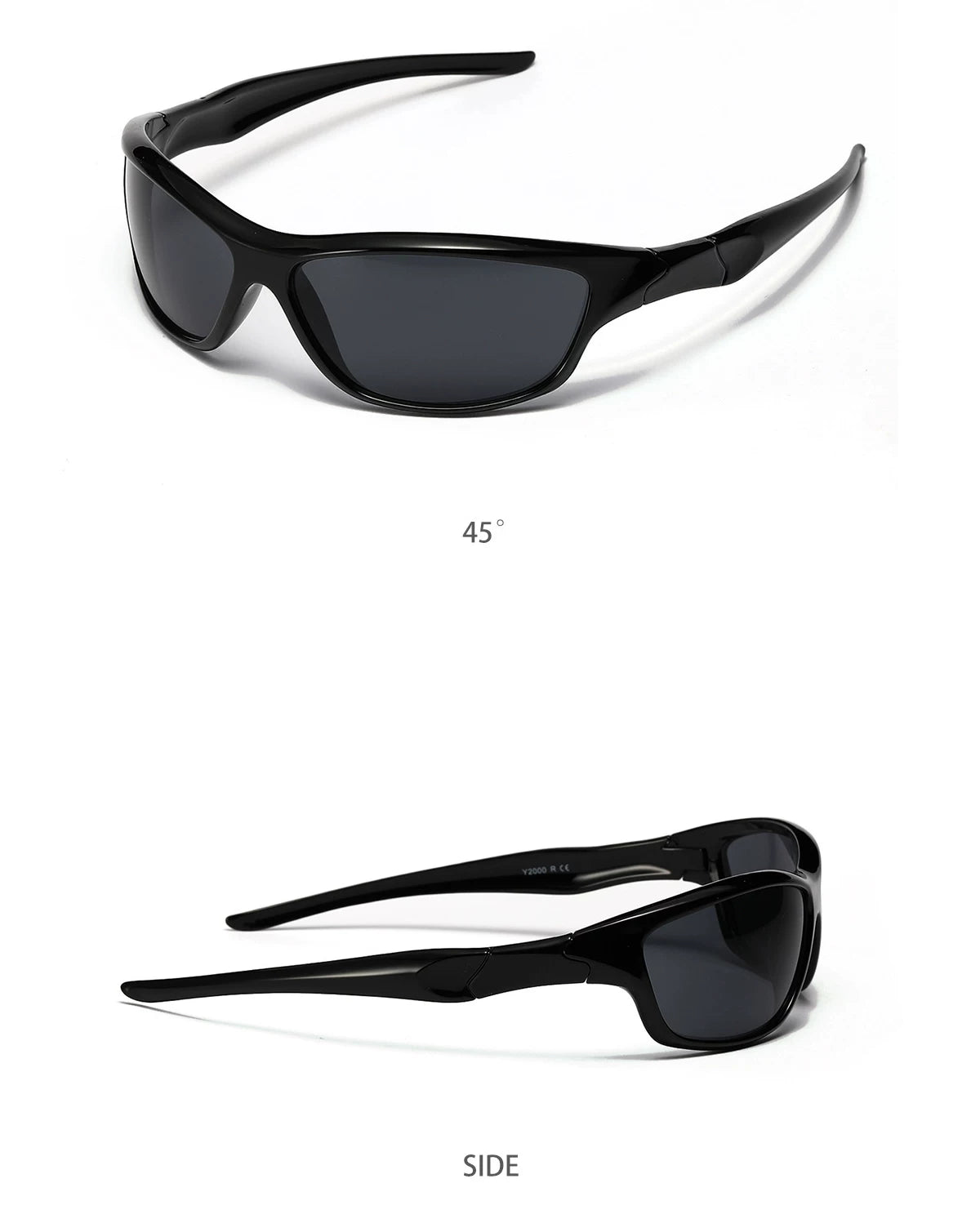 Futuristic Angular Sunglasses — Black frame with grey lenses shown from front angle and side
