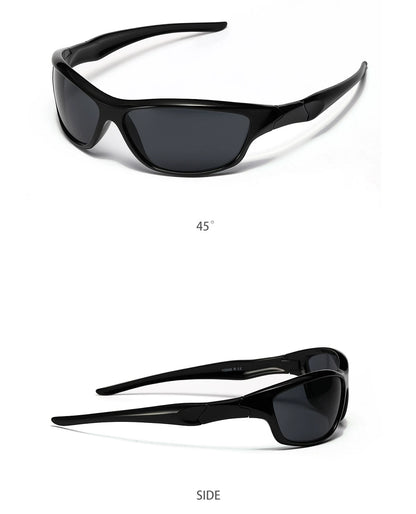 Futuristic Angular Sunglasses — Black frame with grey lenses shown from front angle and side