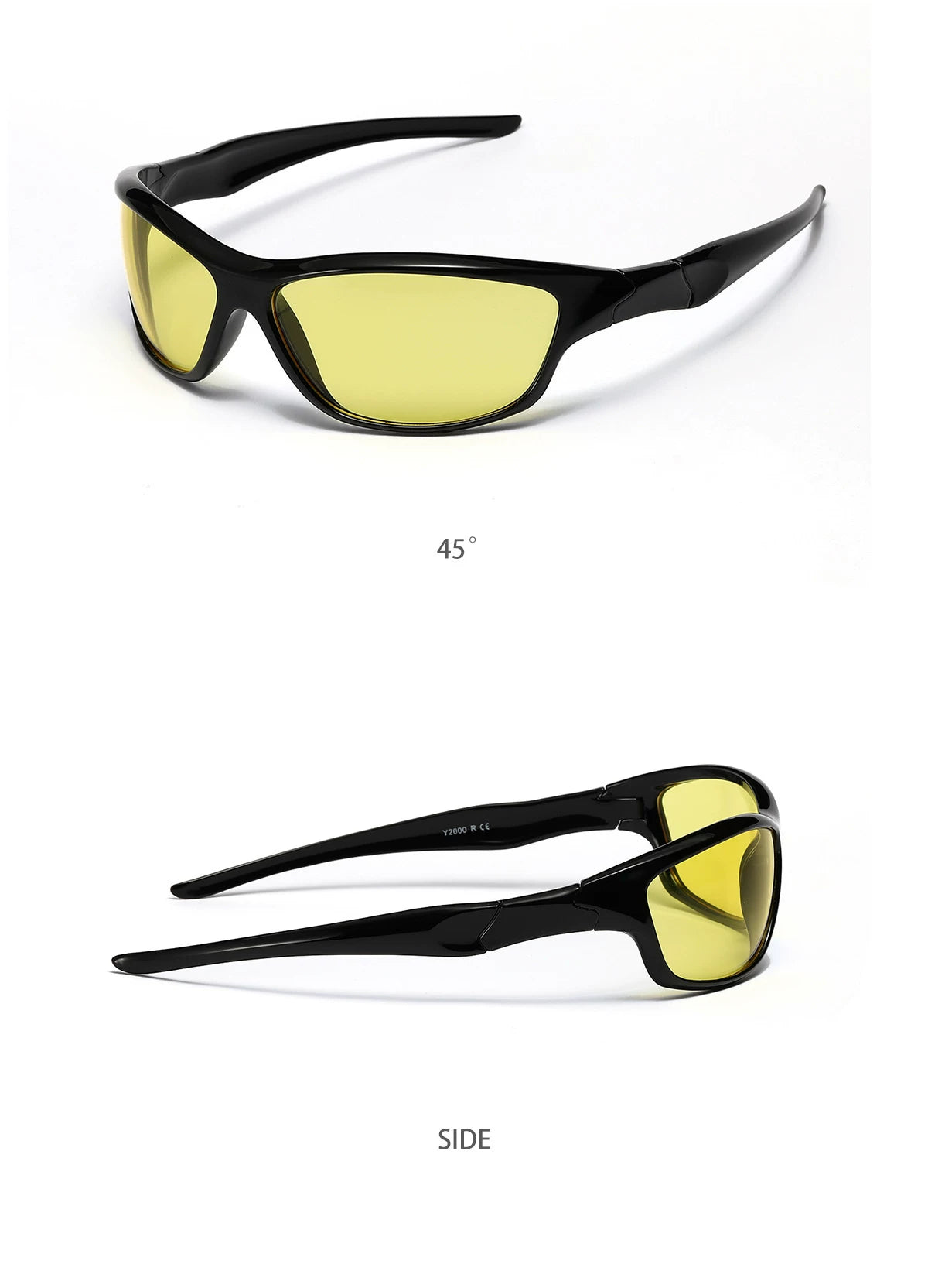 Futuristic Angular Sunglasses — Black frame with yellow lenses shown from front angle and side