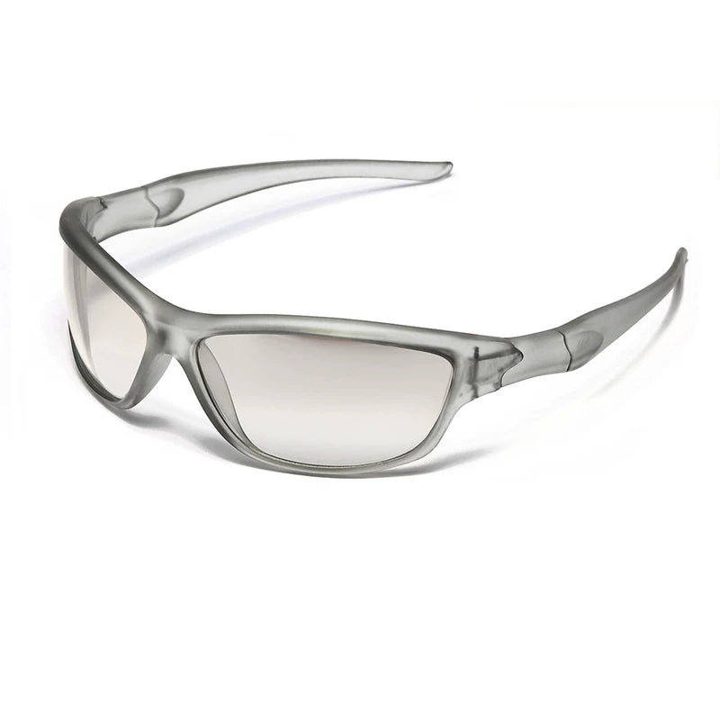 Futuristic Angular Sunglasses — Matte silver frame with light lenses, three-quarter view