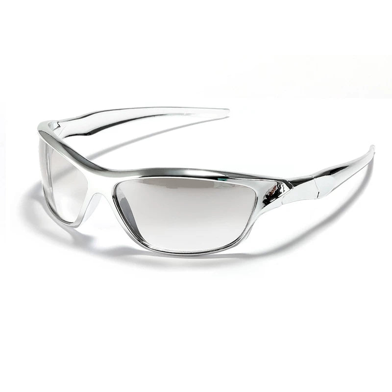 Futuristic Angular Sunglasses — Polished silver frame with light lenses, three-quarter view