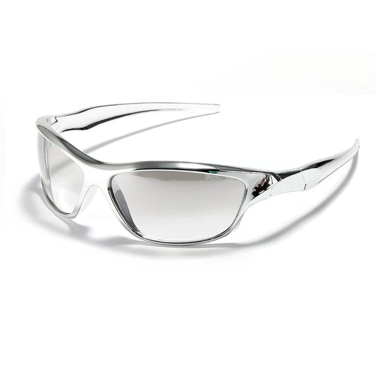 Futuristic Angular Sunglasses — Polished silver frame with light lenses, three-quarter view