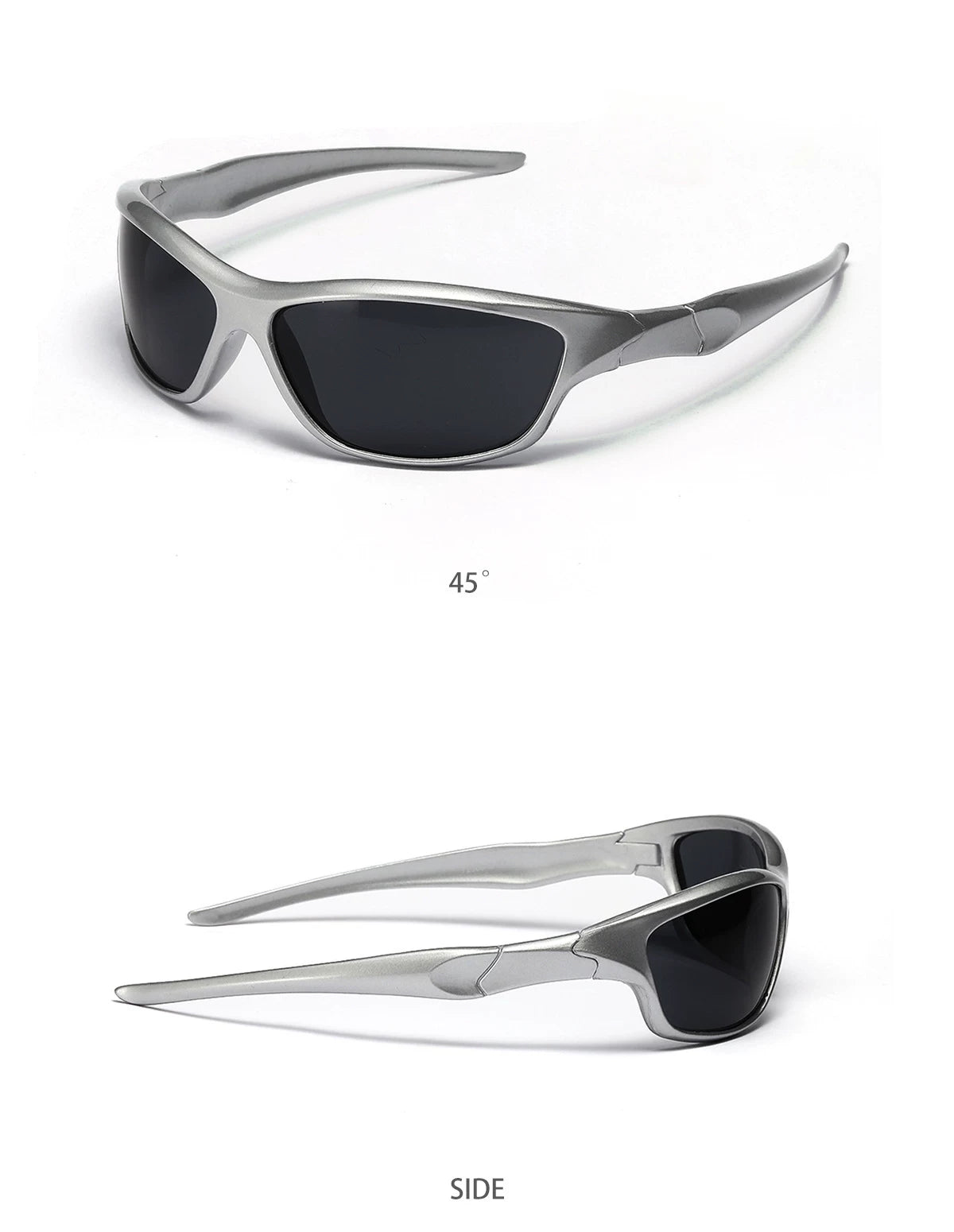 Futuristic Angular Sunglasses — Silver frame with dark lenses shown from front angle and side