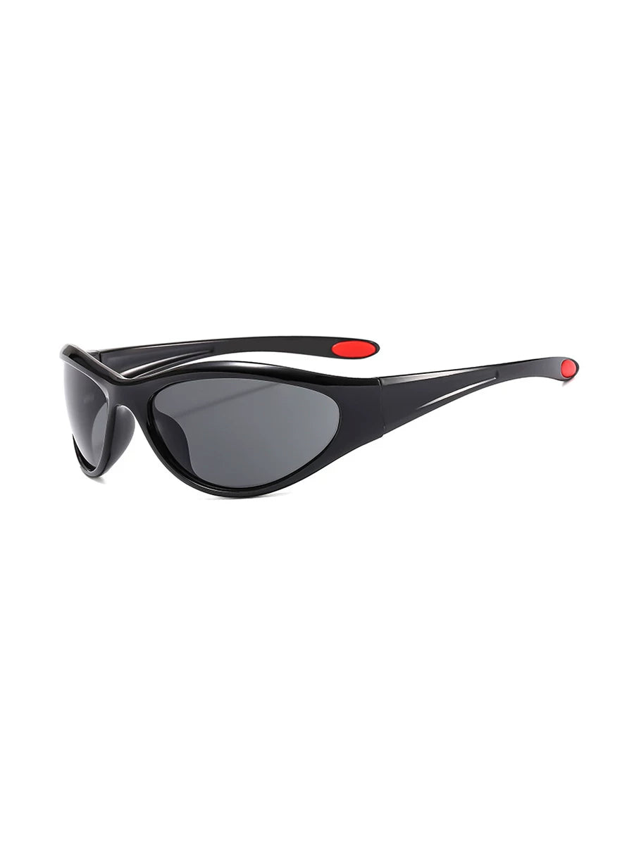 Lunettes de soleil ovales futuristes — coloris noir, gris ; détails de la monture et des verres