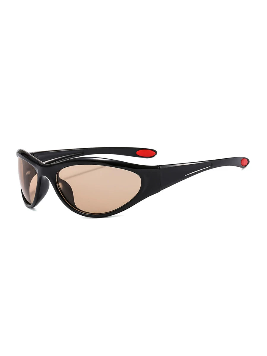 Lunettes de soleil ovales futuristes — coloris noir, marron ; détails de la monture et des verres