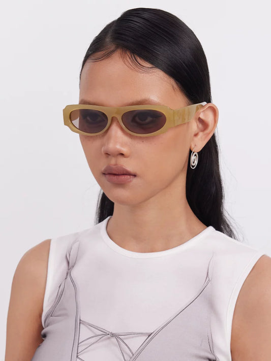 Futuristic Square Sunglasses — Model wearing brown square sunglasses, front view