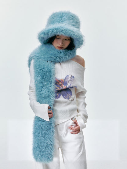 Fuzzy Bucket Hat and Long Scarf Set