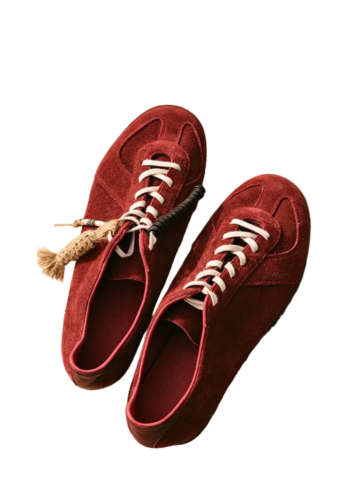Gaily Embellished Suede Trainer Sneakers — red embellished pair, top view