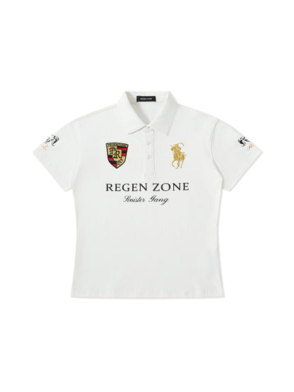 Gold-Embroidered Cinched-Waist Polo