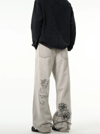 Graffiti Distressed Flared Denim Jeans