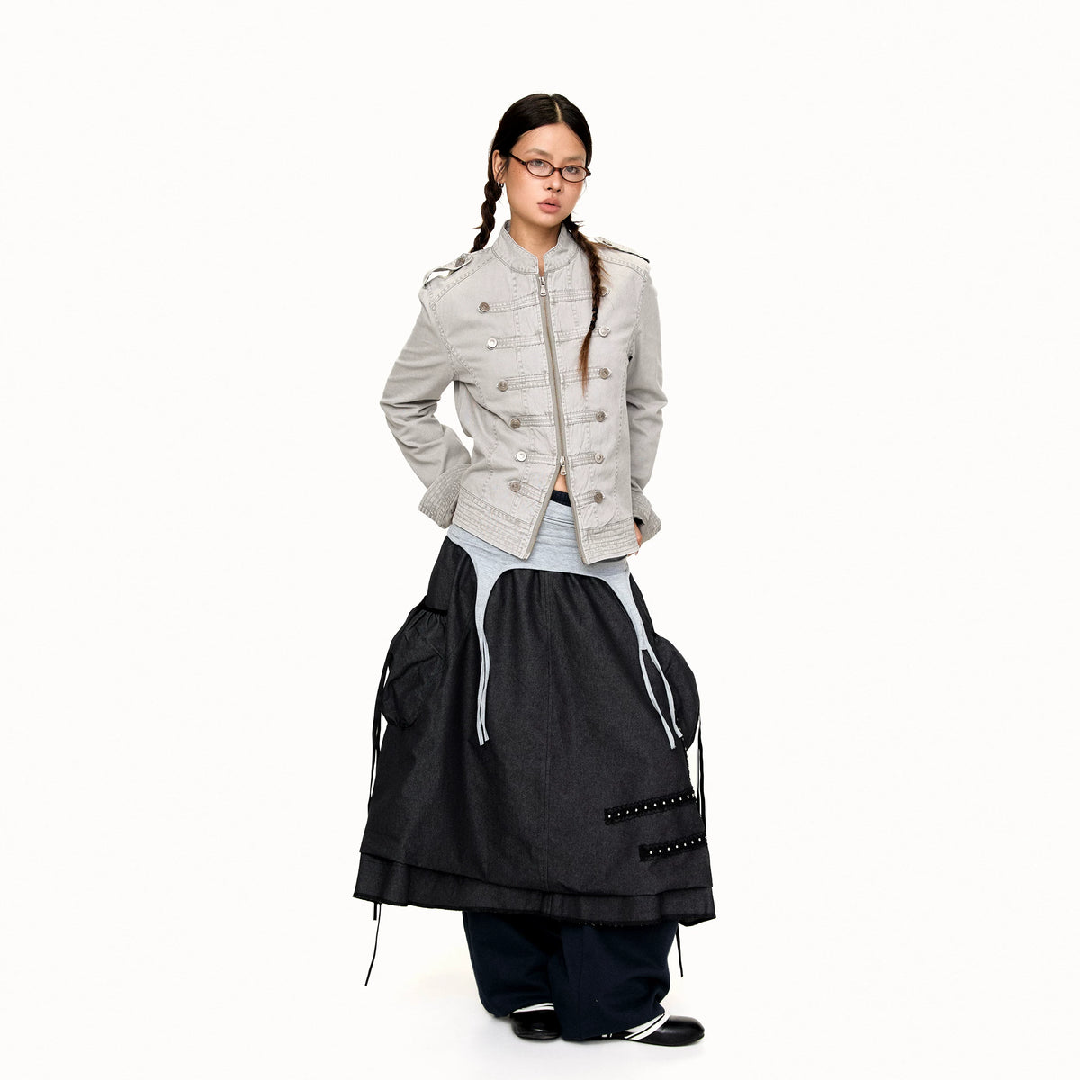 Gray Napoleon-style denim jacket full look