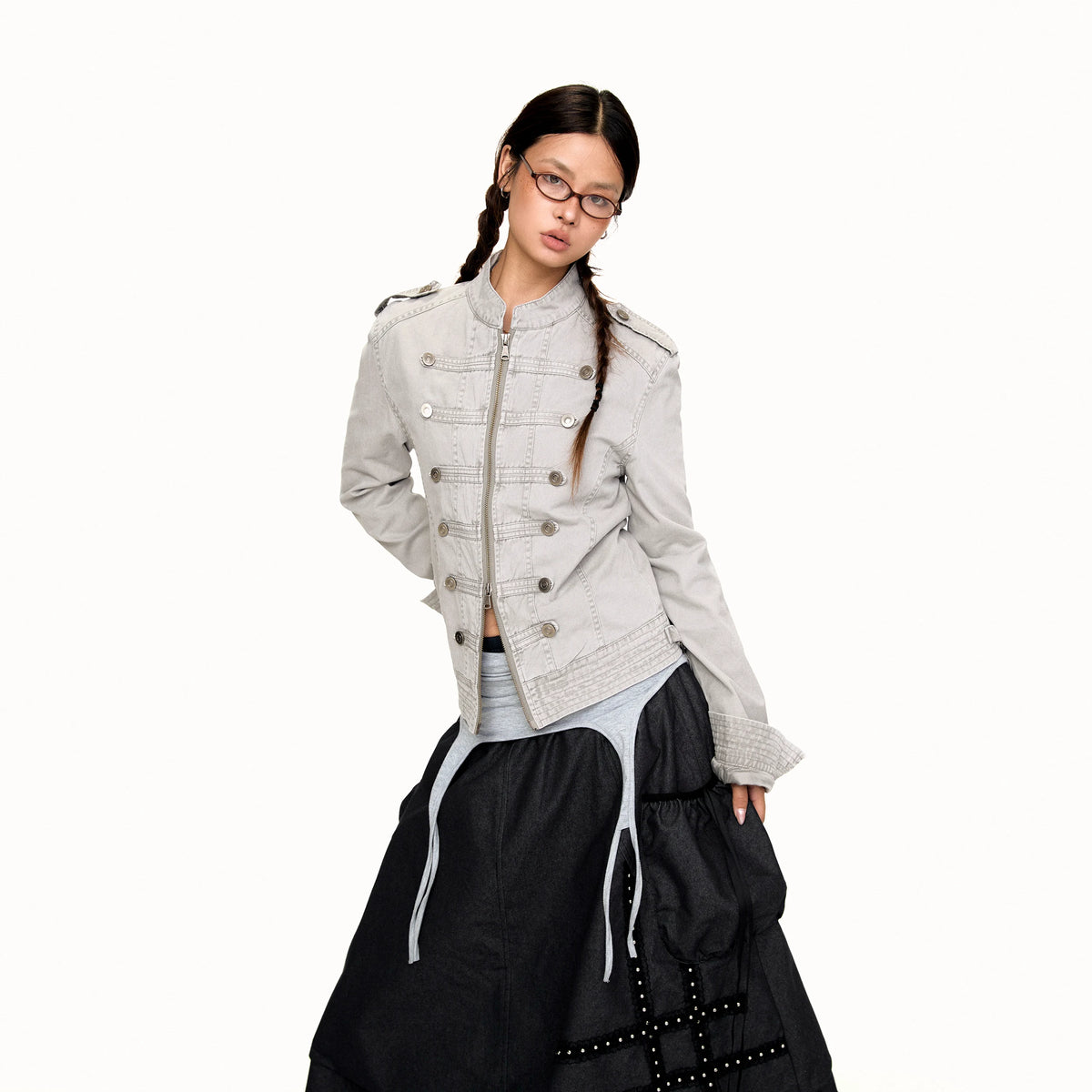 Gray washed cropped denim jacket front view