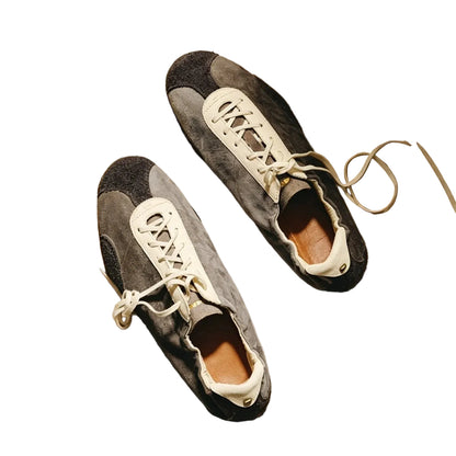 Grey Moss Mismatched Ballet Trainer Sneakers — grey and cream pair, top view