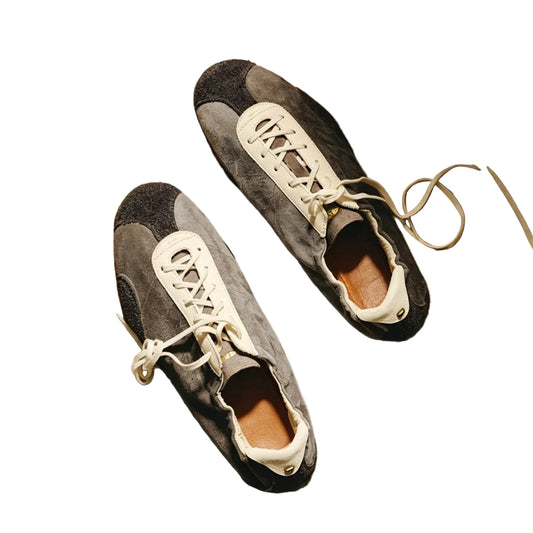 Grey Moss Mismatched Ballet Trainer Sneakers — grey and cream pair, top view