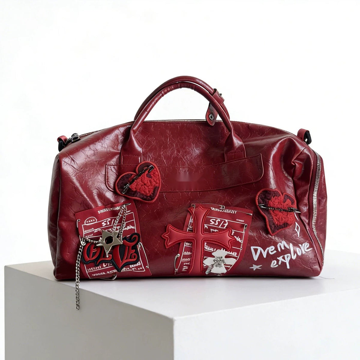 Wine red heart patch duffle travel bag front view