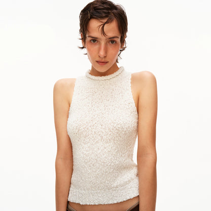 High Neck Textured Cotton Knit Tank Top