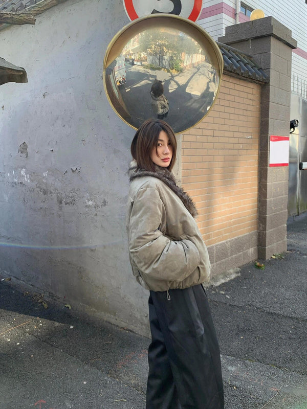 Detachable Faux Suede Collar Puffer Jacket