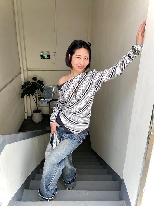 Striped One-Shoulder Long Sleeve Top
