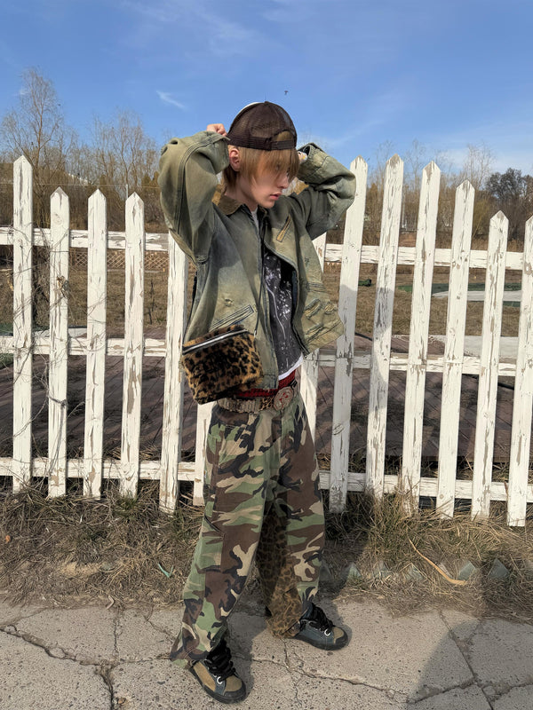 Leopard Panel Camouflage Cargo Pants