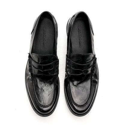 Italian Calf Leather Ruched Loafers — black pair, angled front view