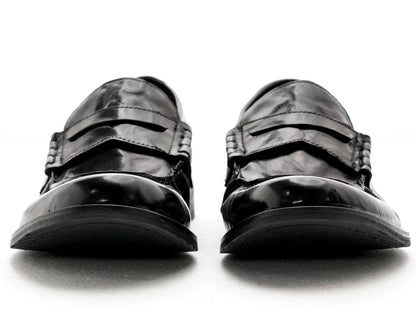 Italian Calf Leather Ruched Loafers — black pair, front view