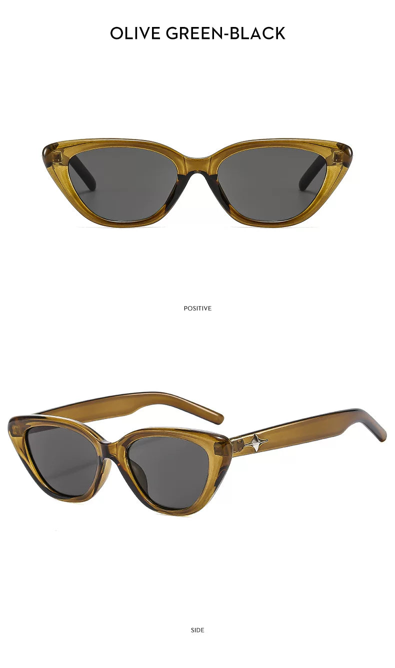 Cat-Eye-Sonnenbrille mit transparentem Rahmen — Farben: oliv, grün, grau ; Rahmen- und Glasdetails