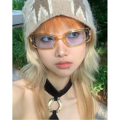 Jelly Square Sunglasses — Model wearing jelly square sunglasses with knit hat
