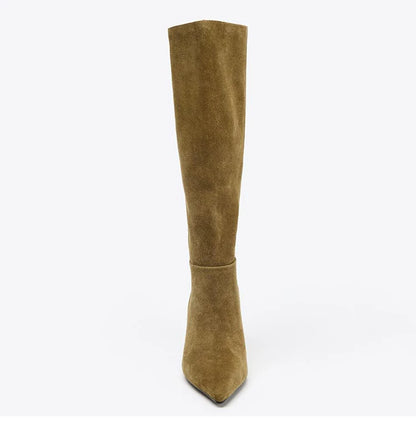 Khaki pointed-toe knee-high boot, front view