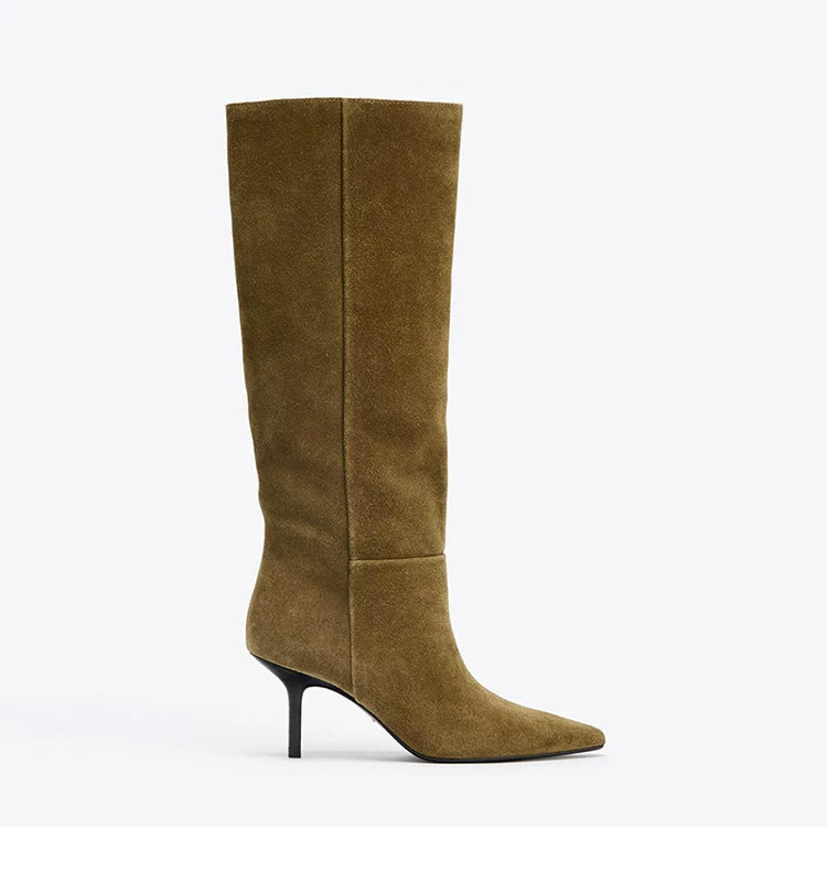 Khaki pointed-toe stiletto knee-high boot, side view on a white background