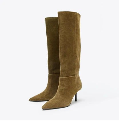 Khaki pointed-toe stiletto knee-high boots, angled pair