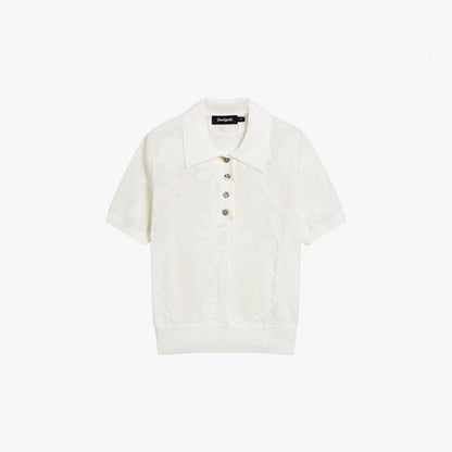 Lace-Knit Jacquard Polo Knit Top