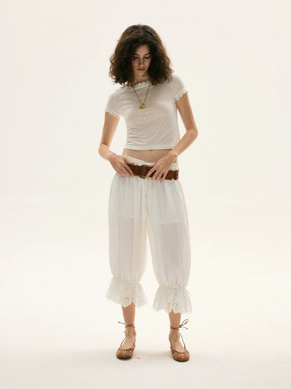 Lace-Trim Cropped Balloon Pants