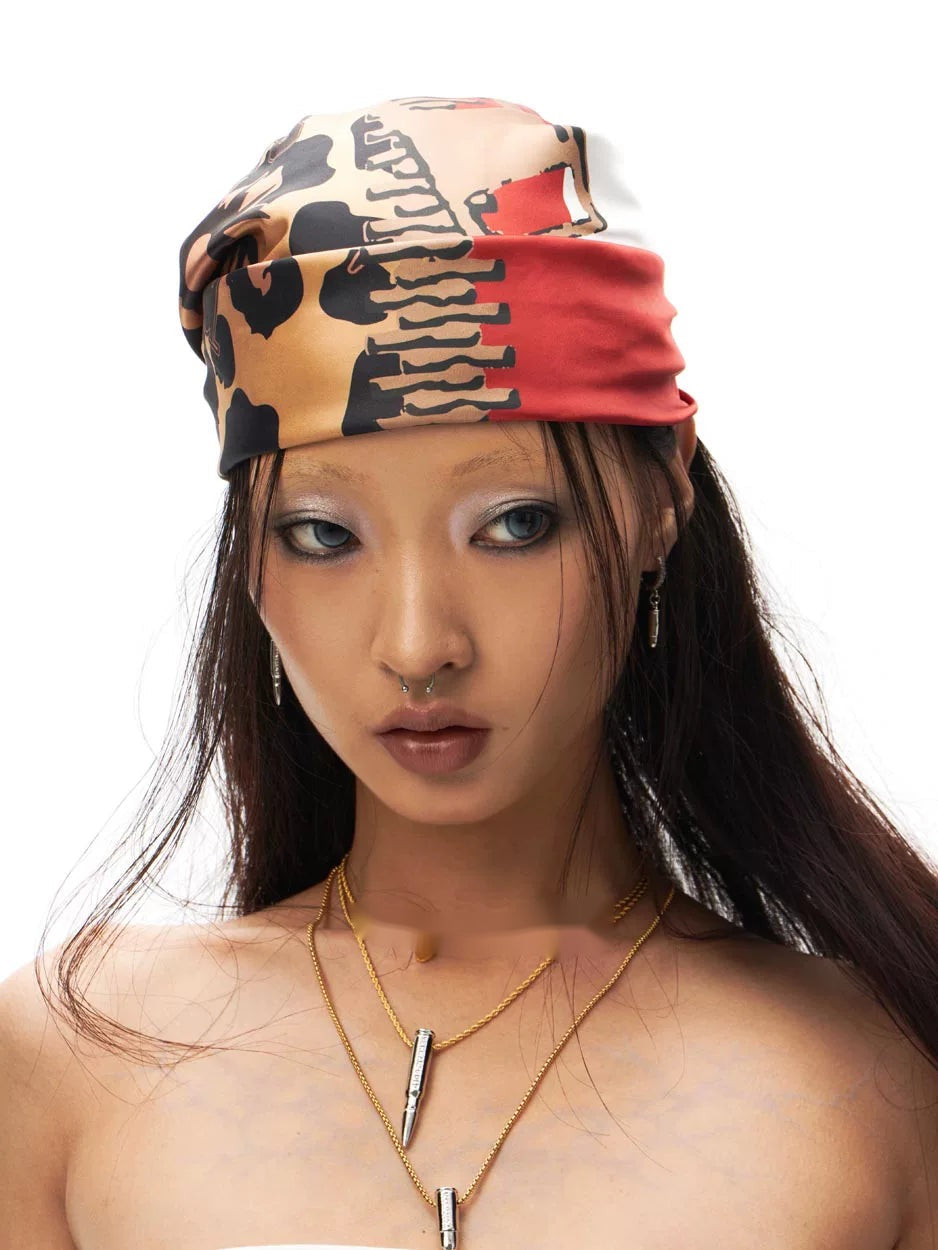 Leopard and Flag Print Bandana worn as a headscarf
