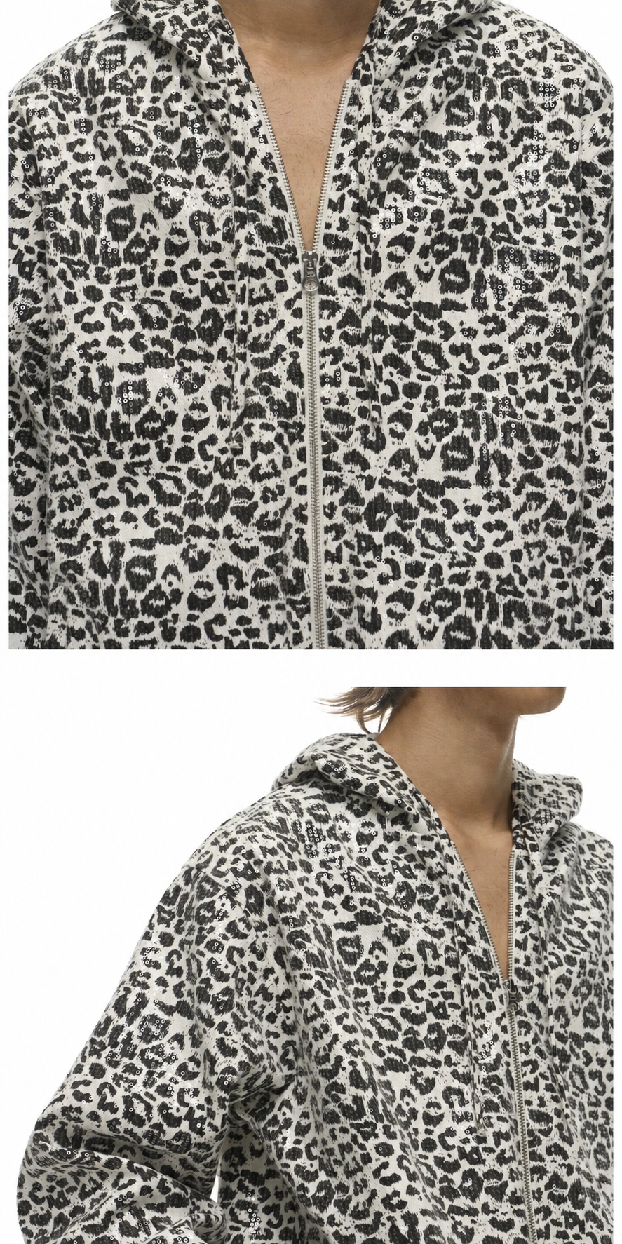 White leopard-print sequin zip hoodie with close-up of fabric and zipper