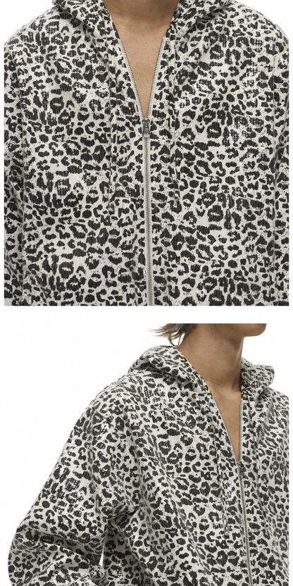 White leopard-print sequin zip hoodie with close-up of fabric and zipper