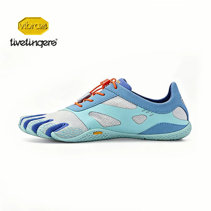 Light blue Vibram FiveFingers training shoe with orange laces, side view