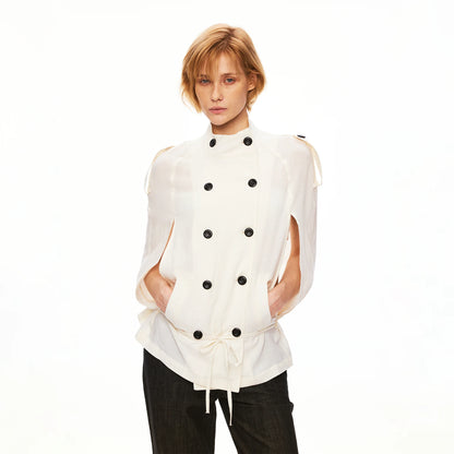 Linen Lyocell Double-Breasted Cape Sleeve Belted Shirt