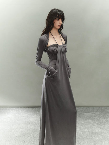 Lyocell Ruched Halter Dress with Braided Chain Detail