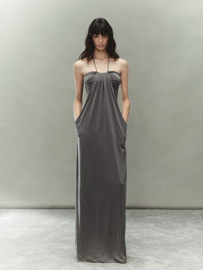 Lyocell Ruched Halter Dress with Braided Chain Detail