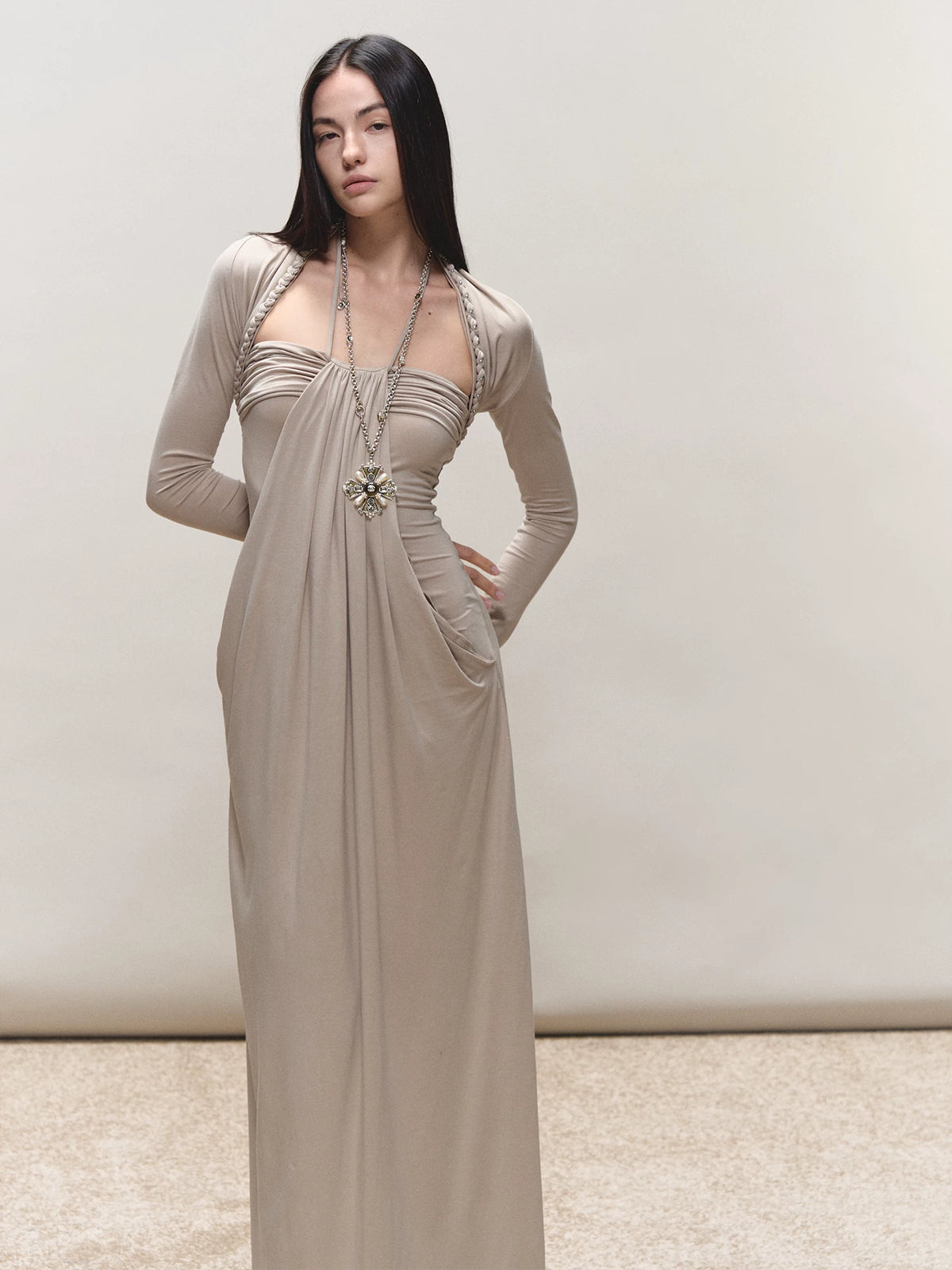 Lyocell Ruched Halter Dress with Braided Chain Detail