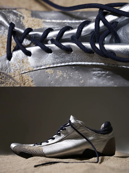 MASONPRINCE Silver Thin-Sole Trainer Sneakers — silver laces, close-up and side view