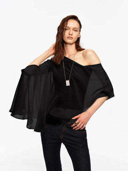Matte Chiffon One-Shoulder Layered Cape Top