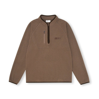 Men's heavyweight waffle knit hoodie - brown pullover with magnetic closure black trim crew neck casual