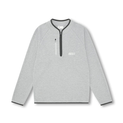 Men's heavyweight waffle knit hoodie - light gray pullover with magnetic closure black trim crew neck casual