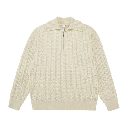 Men's women's cable knit half zip sweater - apricot premium knitwear with embroidered chest detail