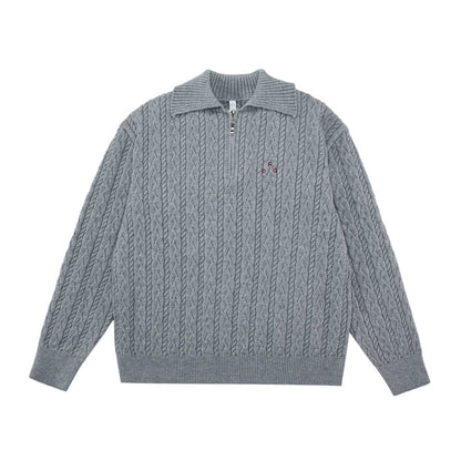 Men's women's cable knit half zip sweater - Flower gray premium knitwear with embroidered chest detail