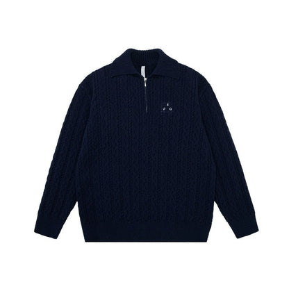Men's women's cable knit half zip sweater - navy blue premium knitwear with embroidered chest detail