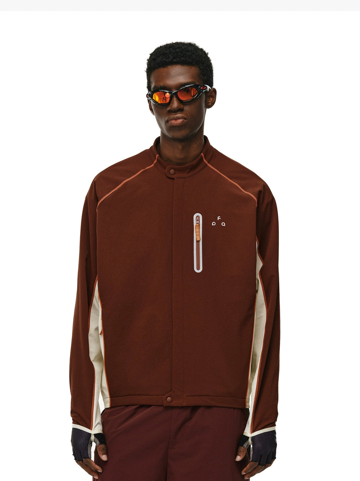 Men's women's contrast color jacket - coffee color beige orange accent outdoor adventure jacket with chest pocket embroidery