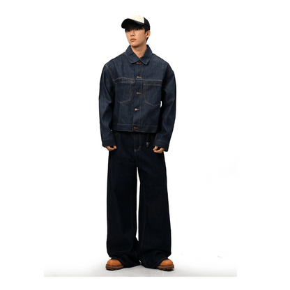 Men's women's denim shirt jacket outfit - with matching wide leg jeans overshirt casual style